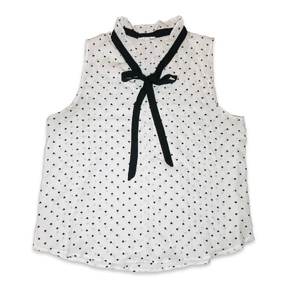 Daisy May black and white tiny hearts print sleeveless tie mock neck blouse xl - Picture 1 of 3